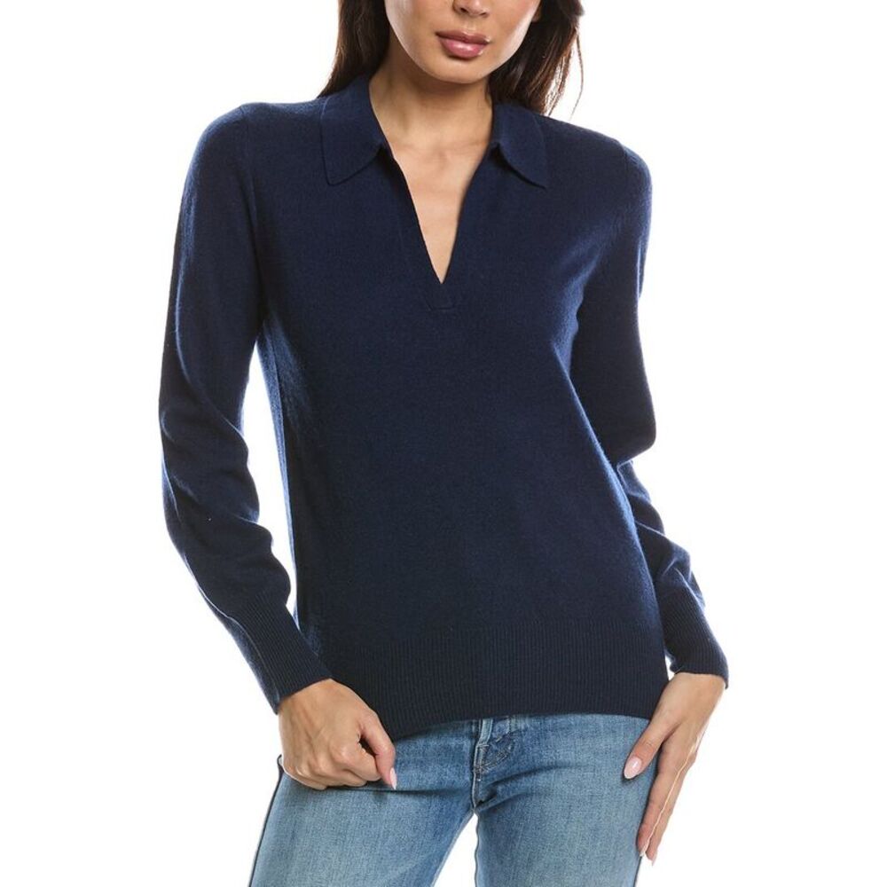 Forte Cashmere Womens  Split Neck 100% Cashmere Polo Sweater, Navy